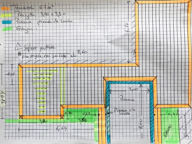Dessin d'un plan de masse pour l'aménagement extérieur d'une terrasse et jardin sur Bouzygues