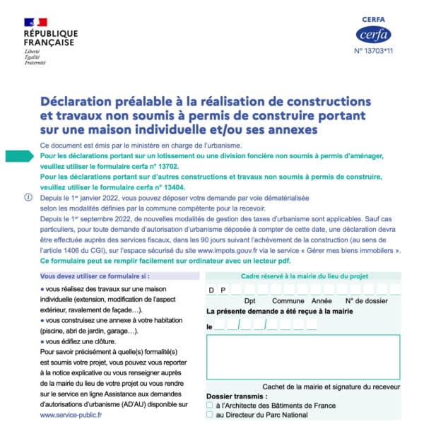 Extrait du CERFA pour une DP