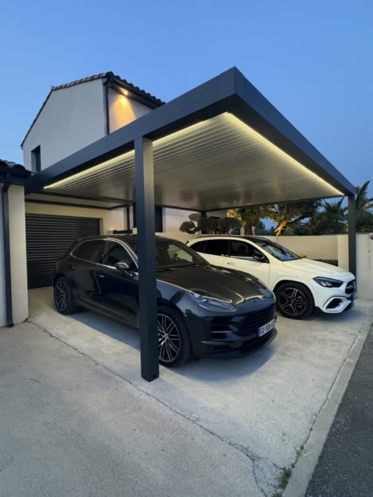 Carport aluminium de nuit. Il est éclairé avec des néons, il y a deux belles berlines en dessous.