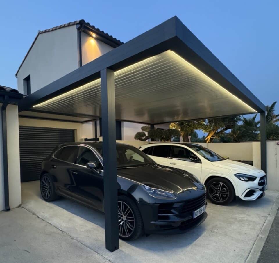 Carport aluminium de nuit. Il est éclairé avec des néons, il y a deux belles berlines en dessous.